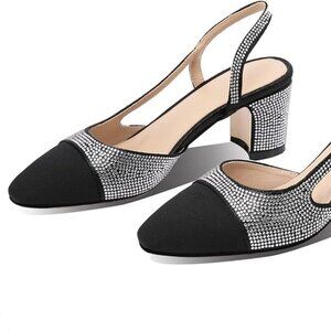 Women's Slingback Pumps Rhinestone Embellished Round Toe Chunky Heel Two…